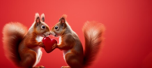 Funny animal Valentines Day, love, wedding celebration concept greeting card - Cute red squirrel couple holding a red heart , red background
