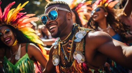 A group of beautiful young women and muscular men dancing and enjoying carnival 