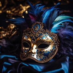 A masquerade mask adorned with feathers and sequins rested on a velvet cushion, its intricate design hinting at the mystery and allure of a masked ball,