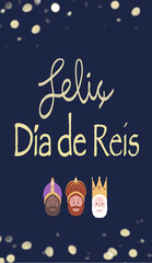 Text happy kings day in catalan on blue background with the three kings melchior, gaspar, baltasar.