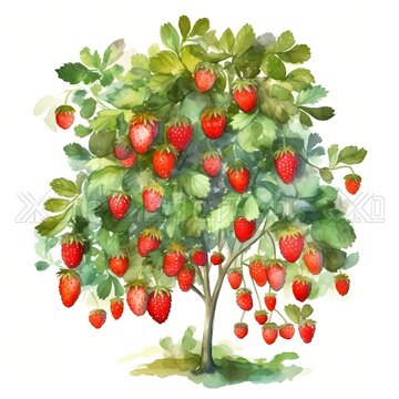 strawberries tree watercolor painting style