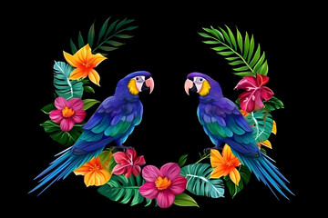beautiful rainbow parrots and flowers on a black background. Neural network AI generated art