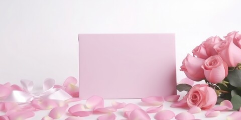 A poster, layout, pink roses on the desktop, with a small pink gift box next to it, a clean background, rose petals in the air, close-up shots, ultra clear, realistic style,