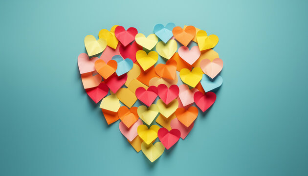Post-it notes assembled in heart shape. Concept of loving your work and fall in love in the office. 