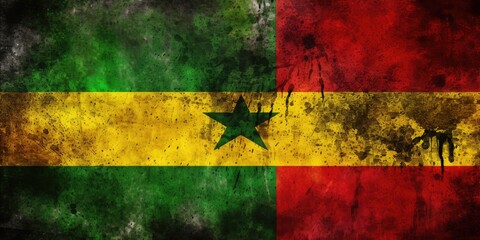 A red, green and yellow flag with a grungy texture royalty stock photo, in the style of afro-caribbean influence, smokey background 
