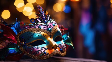 A unique colorful carnival mask, photo blurry, natural light