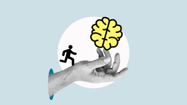 Think bigger. Collage with hand and symbol of the brain. Work smarter not harder. Achieve your goals