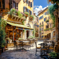 Typical Italian town.s street with cafe or bar outside, sunny summer day
