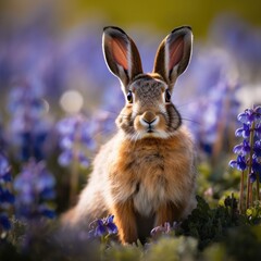 Fototapeta premium animals, mammal, rabbit, nature, grass, green, cute, wild, hare, purple, flowers, wildlife, meadow, fur, spring, field