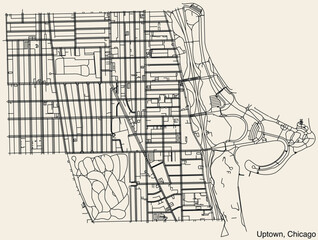 Fototapeta premium Detailed hand drawn navigational urban street roads map of the UPTOWN COMMUNITY AREA of the American city of CHICAGO, ILLINOIS with vivid road lines and name tag on solid background