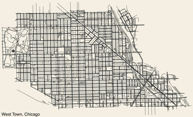 Fototapeta na wymiar Detailed hand drawn navigational urban street roads map of the WEST TOWN COMMUNITY AREA of the American city of CHICAGO, ILLINOIS with vivid road lines and name tag on solid background