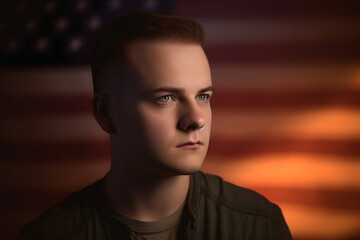American patriot soldier concept over american flag background. Neural network AI generated art