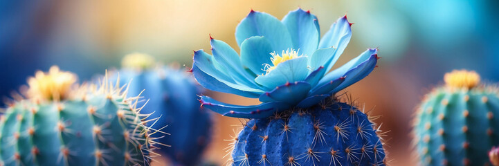 Extraordinarily beautiful flowering cacti, on a blurred background, close-up, macro shooting, background image. Generative AI