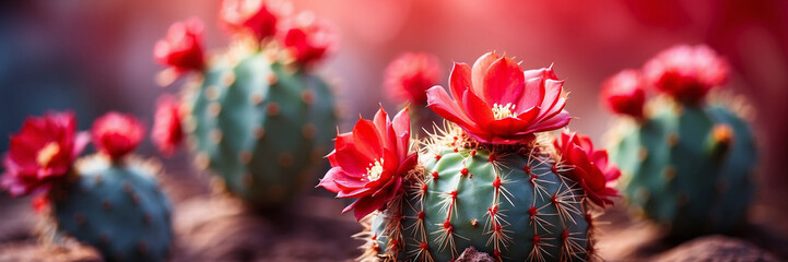 Extraordinarily beautiful flowering cacti, on a blurred background, close-up, macro shooting, background image. Generative AI