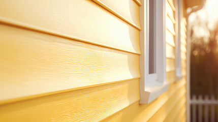 Close-up yellow texture vinyl siding for exterior roof or house wall. Exterior cottage trim with water repellent panel siding. Goods for repair, construction store. - obrazy, fototapety, plakaty