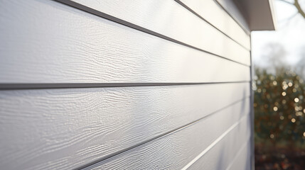 Close-up white texture vinyl siding for exterior roof or house wall. Exterior cottage trim with water repellent panel siding. Goods for repair, construction store.