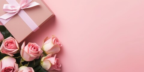 Design concept with pink rose flower and gift box on colored table background top view