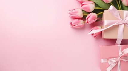Design concept with pink rose flower and gift box on colored table background top view 