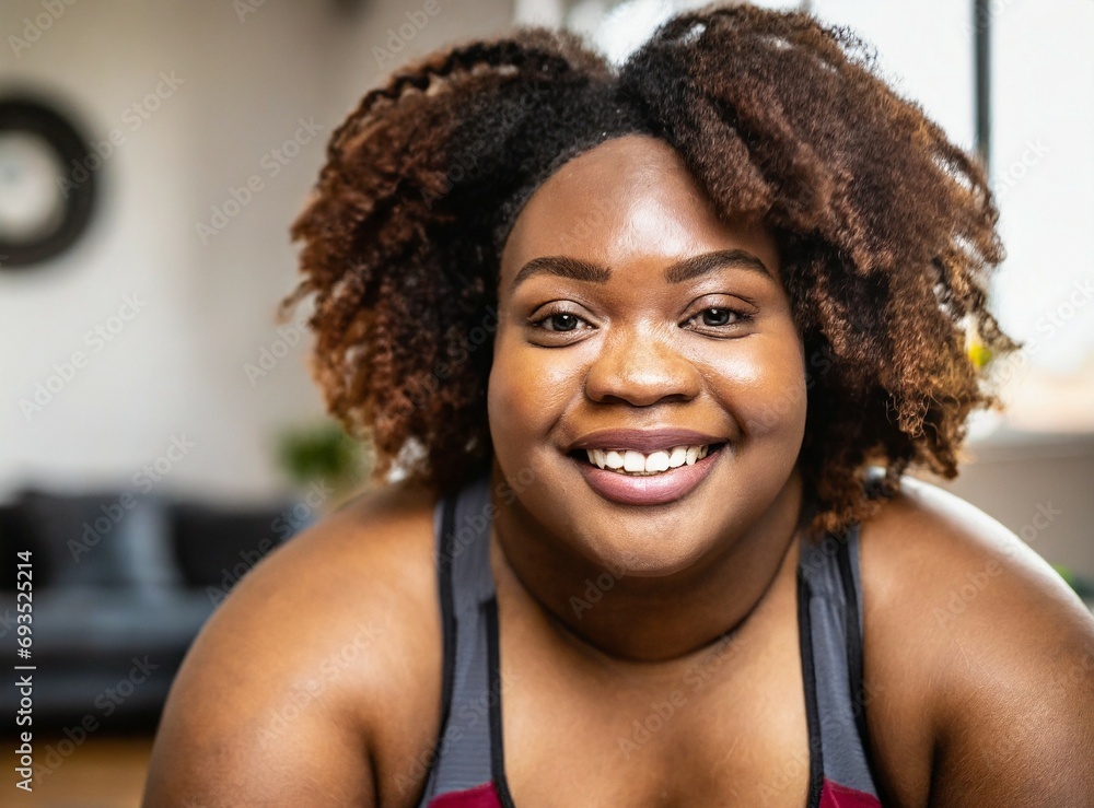 Poster Chubby black young woman doing exercise at home. Home work out concept. Smiling face, closeup portrait.