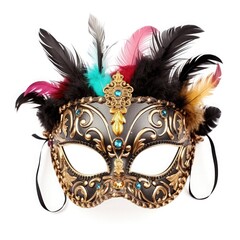 Elaborate feathered masquerade mask, hinting at mystery and allure, isolated on white background.