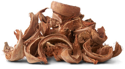 pile of dried coconut husk or coir, commercially important natural fiber extracted from outer husk...