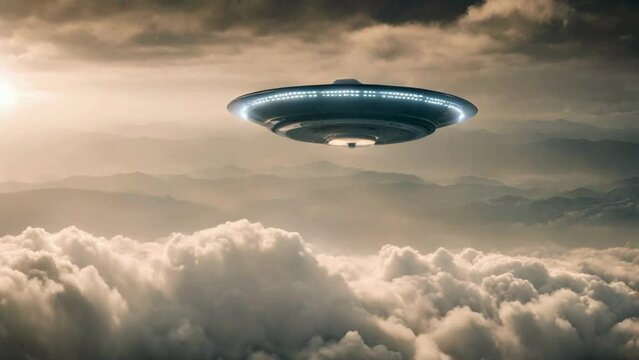 Alien UFO Saucer Flying Through The Clouds Above Earth