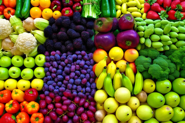 Naklejka na ściany i meble Supermarket vegetables showcase with different fruits and vegetables. Neural network AI generated art