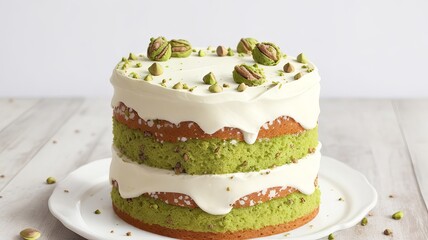Obraz na płótnie Canvas Delicious Three-Layer Pistachio Cake with Cream Frosting, Decorated with Whole Pistachios on Top, Presented on a White Plate
