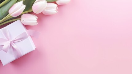 Pink and white tulips and gift boxes on a pink background, dull pink background, light pink background, flowers background, 