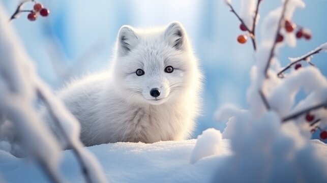 Cute fluffy white arctic fox on a background of winter nature