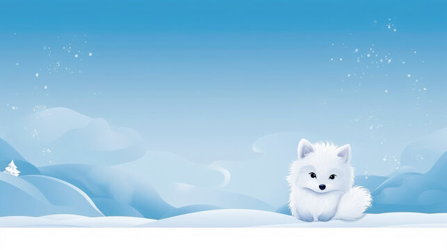 Illustration of a cute fluffy white arctic fox on a background of winter nature