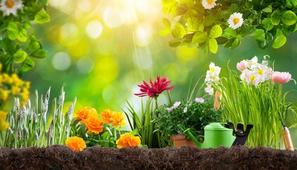 gardening concept garden flowers and plants on a sunny background