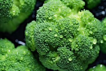 Top view on broccoli background of healthy vegetables, natural background of fresh broccoli representing, with water drops.
 - obrazy, fototapety, plakaty