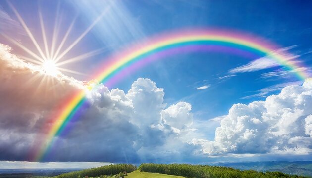 beautiful vibrant double rainbow cloudscape background awesome blue sky with pretty clouds bright sun shining down and a large double rainbow arcing across the right corner with copy space