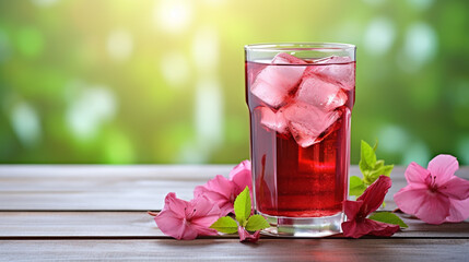 Refreshing hibiscus tea on wooden table with ice cubes and roselle flowe space for wording design bokeh green background