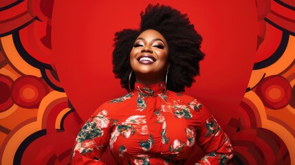 Plus size black woman smiling for the camera facing a red backdrop, in the style of booru, fashwave