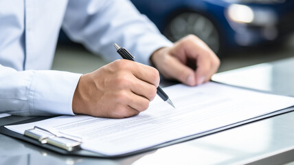 Male hands hold ballpoint pen insurance blank. Car insurance concept.

