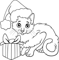 cartoon cat with present on Christmas time coloring page
