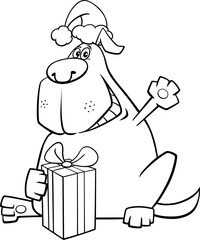 funny cartoon dog with Christmas gift coloring page