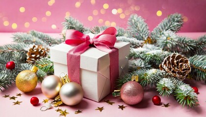 Fototapeta na wymiar christmas present box and decorations on pink background