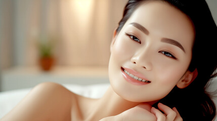 Obraz na płótnie Canvas Happy Asian Woman with Perfect Skin - Skin Care - Beauty Salon - Spa. 