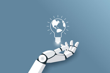 Concept of artificial intelligence assistant, AI robot hand holding globe light bulb,ai generated, Technology ai ,vector illustration.