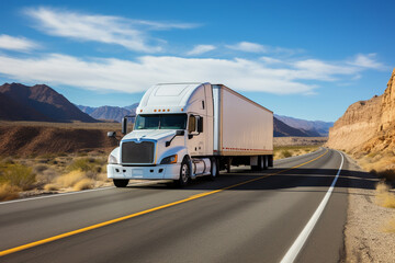 A white cargo truck with a white blank empty trailer for ad on a highway road in the Europe