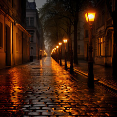 
Vintage street lamps casting a warm glow on a cobblestone street