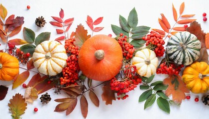 autumn composition dried leaves pumpkins flowers rowan berries on white background autumn fall halloween thanksgiving day concept flat lay top view copy space
