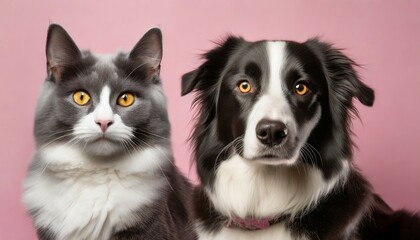 portrait of a british shorthair cat and a border collie looking at the camera on a pink background