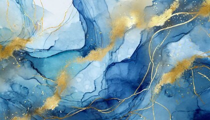 abstract blue liquid watercolor background with golden lines pastel marble alcohol ink drawing...
