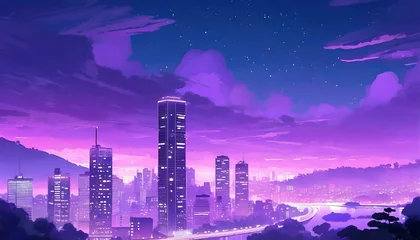Foto auf Alu-Dibond chill lo fi vibes with night skyline and purple hues manga and anime inspirations generative ai © Debbie