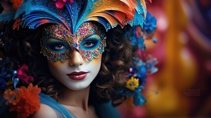 Woman in a painted colorful carnival mask high quality