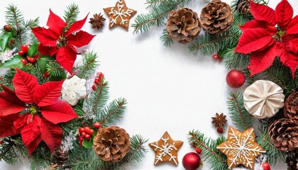 Fototapeta na wymiar frame of christmas tree with balls christmas gingerbread flowers of red poinsettia and cones spruce on a white background with space for text top view flat lay